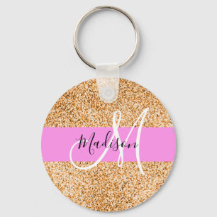 Glam Pink & Copper Glitter Sparkles Monogram Name Key Ring