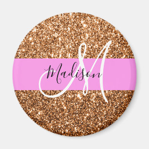 Glam Pink & Copper Glitter Sparkles Monogram Name Magnet