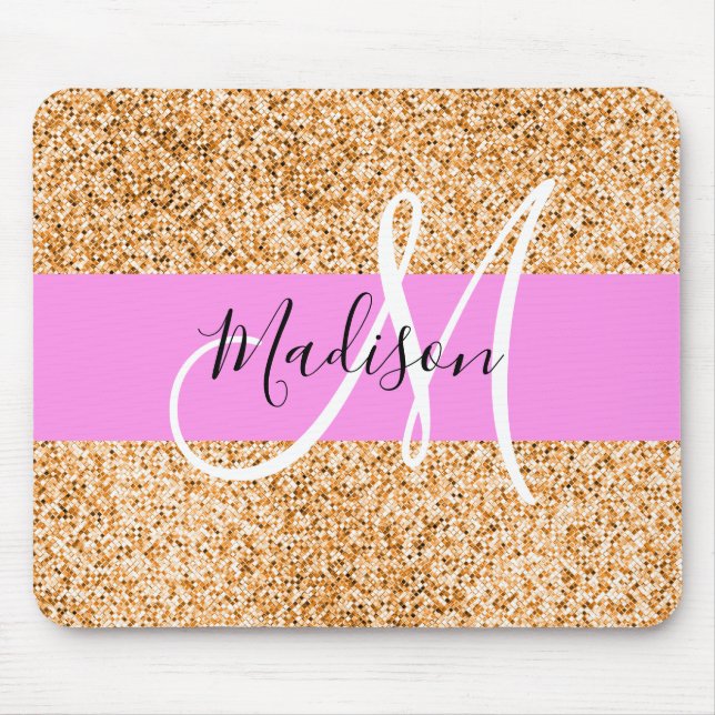 Glam Pink & Copper Glitter Sparkles Monogram Name Mouse Pad (Front)