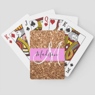 Glam Pink & Copper Glitter Sparkles Monogram Name Playing Cards