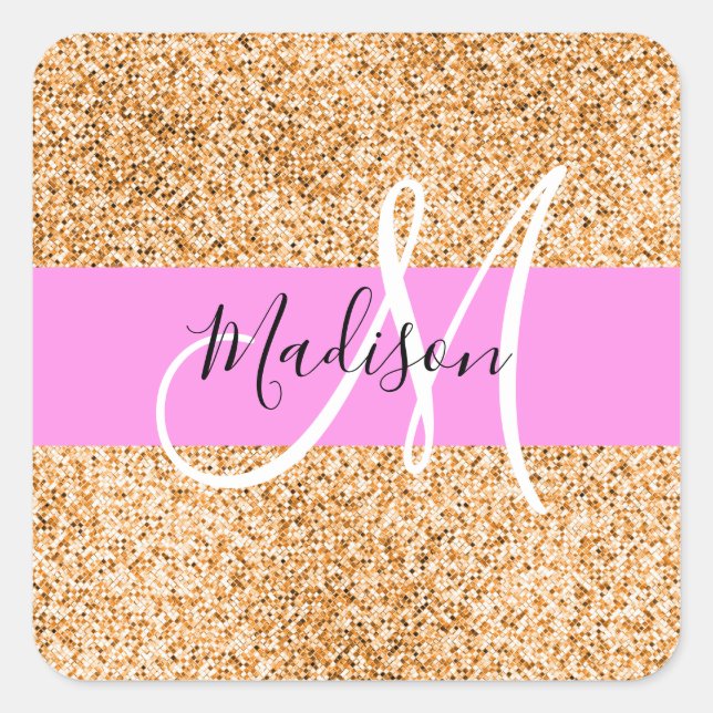 Glam Pink & Copper Glitter Sparkles Monogram Name Square Sticker (Front)