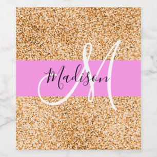 Glam Pink & Copper Glitter Sparkles Monogram Name Wine Label