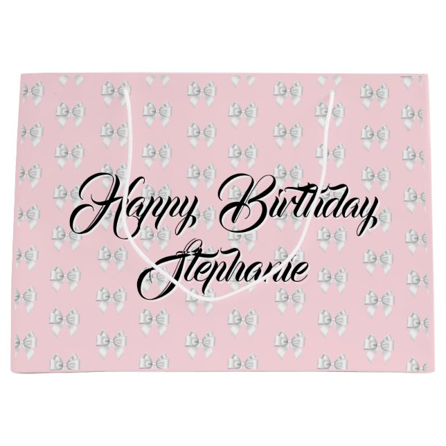 Glam Pink Custom Name Tiffany Theme White Bow Large Gift Bag (Front)