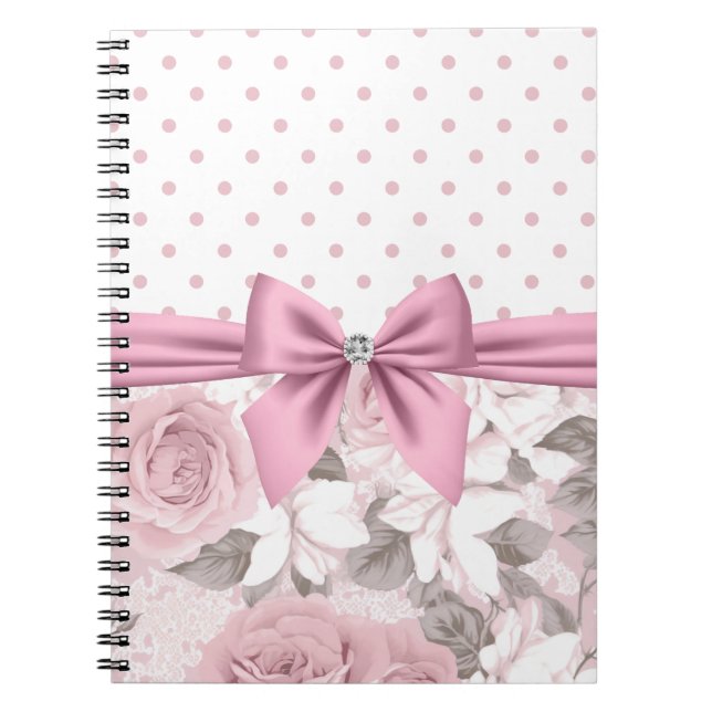 Glam Pink Diamond Bow Floral Polka Dots  Notebook (Front)