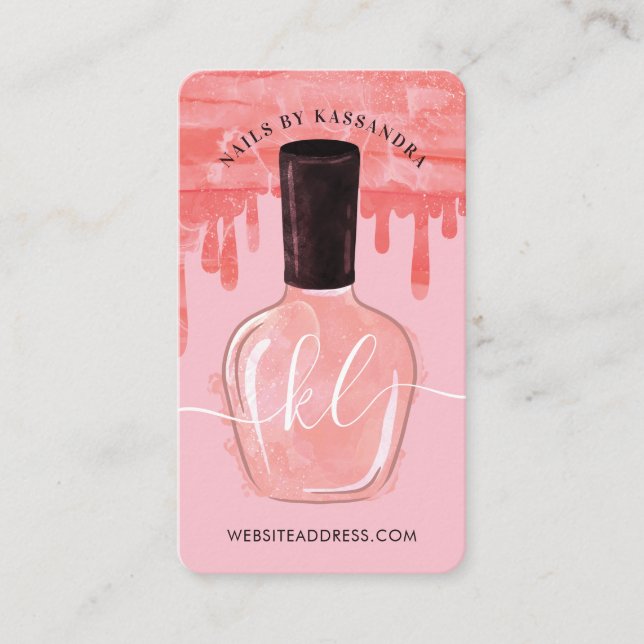 Glam Pink Drips Nail Polish Bottle Monogram Script Business Card (Front)