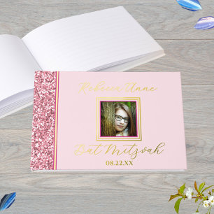 Glam Pink Elegant Photo Bat Mitzvah Gold Guest Book