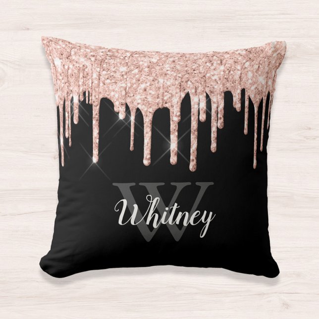 Glam Pink Glitter Drip Black Monogram Letter Cushion (Creator Uploaded)