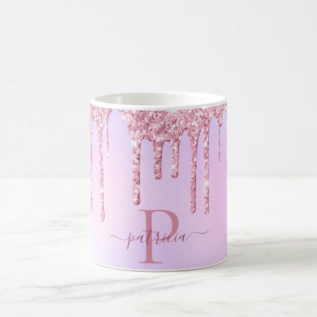 Glam Pink Glitter Drips Elegant Monogram  Coffee Mug (Center)
