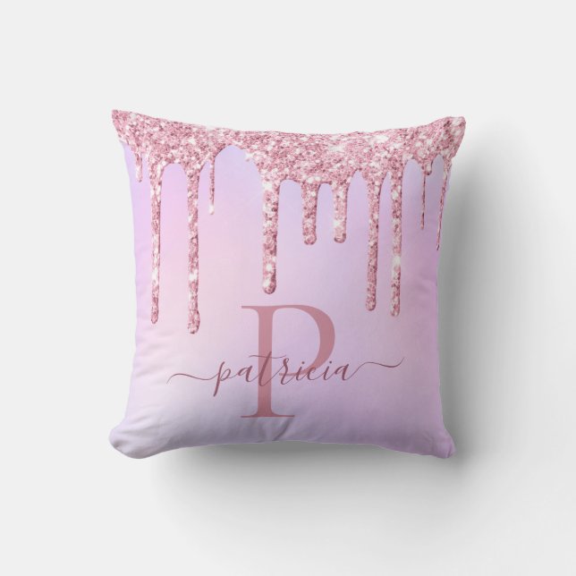 Glam Pink Glitter Drips Elegant Monogram Cushion (Front)