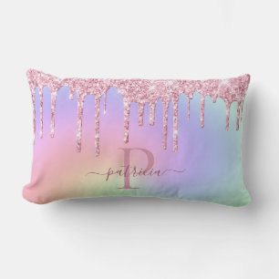 Glam Pink Glitter Drips Elegant Monogram Lumbar P Cushion