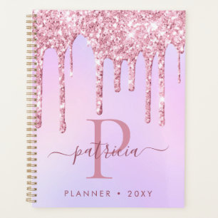 Glam Pink Glitter Drips Elegant Monogram Planner