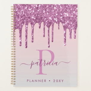 Glam Pink Glitter Drips Elegant Monogram  Planner