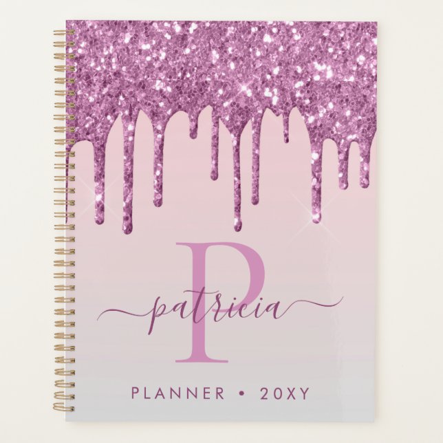 Glam Pink Glitter Drips Elegant Monogram  Planner (Front)