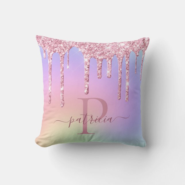 Glam Pink Glitter Drips Elegant Monogram Throw Pil Cushion (Front)