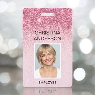 Glam Pink Glitter Employee  - Name Photo Corporate ID Badge