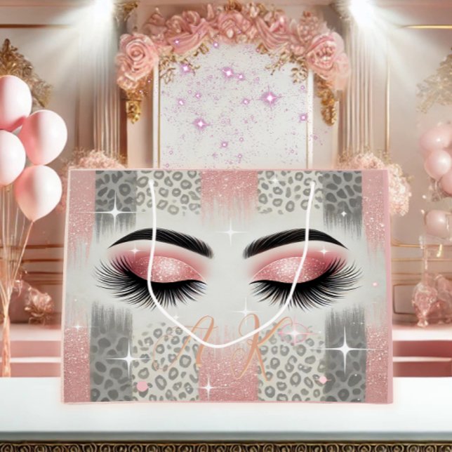Glam Pink Glitter Eyelashes Monogram  Large Gift Bag (Glam pink glitter lashes monogram gift bag — perfect for birthdays, or any occasion .)