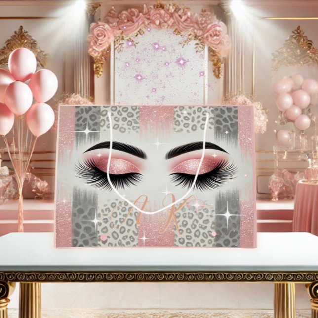Glam Pink Glitter Eyelashes Monogram  Large Gift Bag (Glam pink glitter lashes monogram gift bag — perfect for bachelorette party gifting)