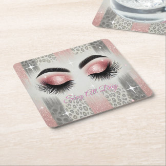 Glam Pink Glitter Eyelashes Square Paper Coaster