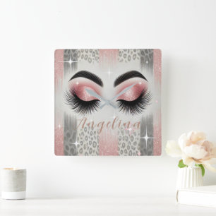 Glam Pink Glitter Eyelashes  Square Wall Clock