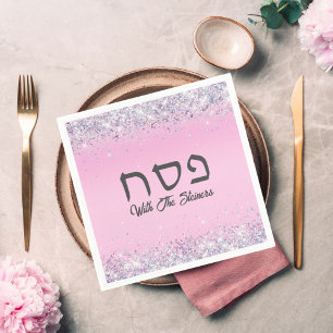 Glam Pink Glitter Jewish Holiday Hebrew Passover  Napkin