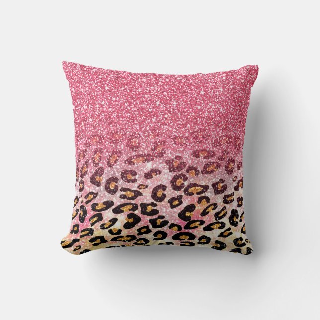 Glam Pink Glitter Leopard Pattern Cushion (Front)