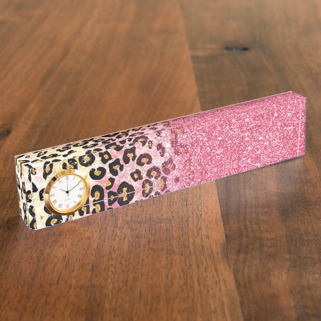 Glam Pink Glitter Leopard Pattern Nameplate (Side)