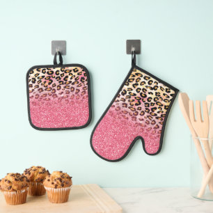 Glam Pink Glitter Leopard Pattern Oven Mitt & Pot Holder Set