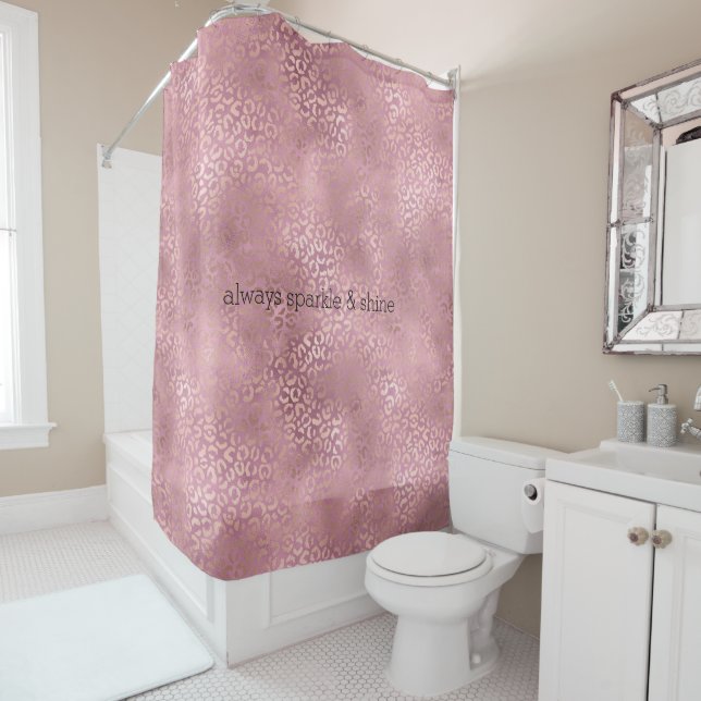 Glam Pink Glitzy Leopard Print Shower Curtain (In Situ)
