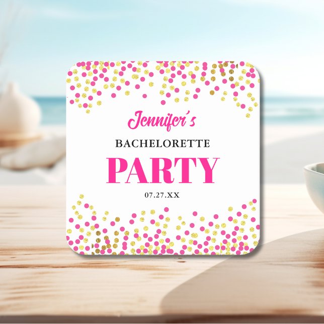 Glam Pink Gold Dots Wedding Bachelorette Party Square Paper Coaster (Creator Uploaded)