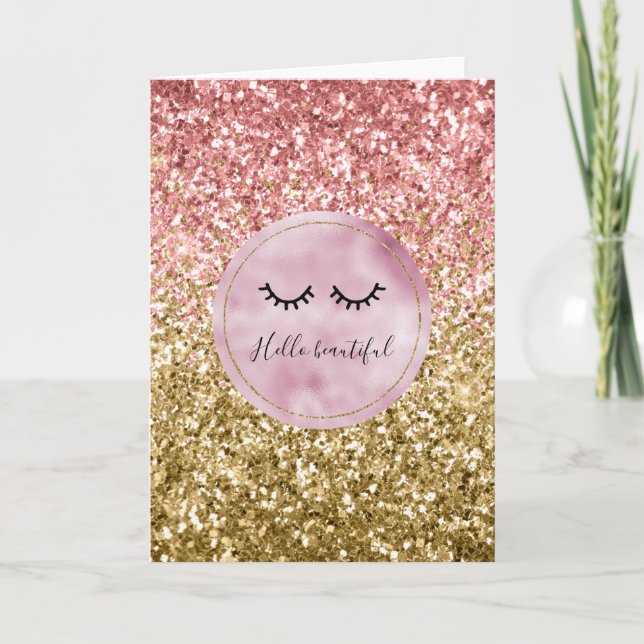 Glam Pink Gold Glitter Black Eyelashes Card (Front)