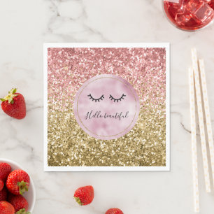 Glam Pink Gold Glitter Black Eyelashes Napkin