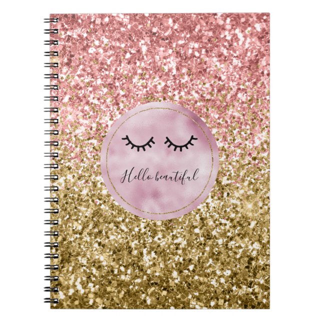 Glam Pink Gold Glitter Black Eyelashes Notebook (Front)