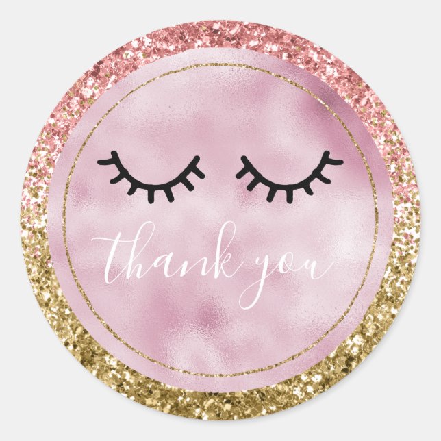 Glam Pink Gold Glitter Black Eyelashes Thank you Classic Round Sticker (Front)