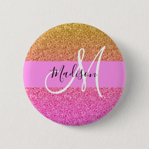 Glam Pink & Gold Glitter Sparkle Gradient Monogram 6 Cm Round Badge