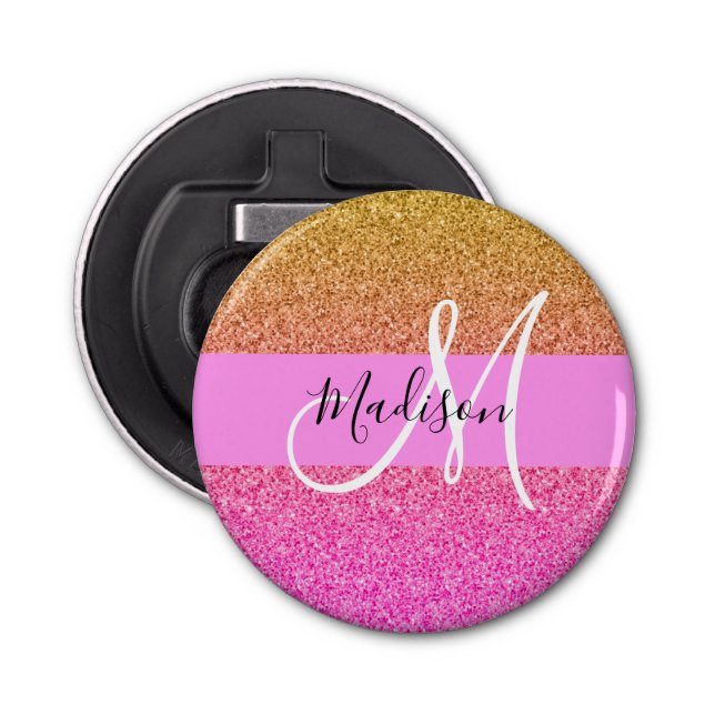 Glam Pink & Gold Glitter Sparkle Gradient Monogram Bottle Opener (Front)