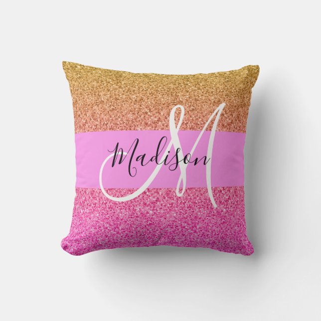 Glam Pink & Gold Glitter Sparkle Gradient Monogram Cushion (Front)