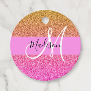 Glam Pink & Gold Glitter Sparkle Gradient Monogram Favour Tags