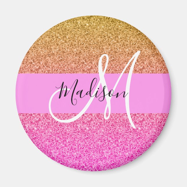 Glam Pink & Gold Glitter Sparkle Gradient Monogram Magnet (Front)