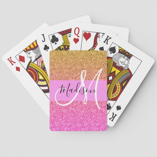 Glam Pink & Gold Glitter Sparkle Gradient Monogram Playing Cards (Back)