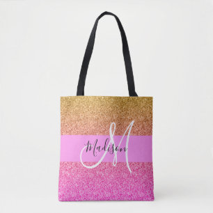 Glam Pink & Gold Glitter Sparkle Gradient Monogram Tote Bag
