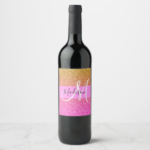 Glam Pink & Gold Glitter Sparkle Gradient Monogram Wine Label