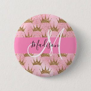Glam Pink & Gold Glitter Sparkles Crowns Monogram 6 Cm Round Badge