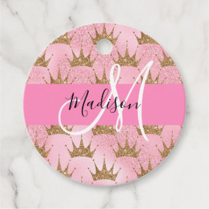 Glam Pink & Gold Glitter Sparkles Crowns Monogram Favour Tags
