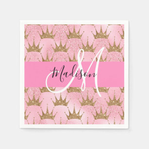 Glam Pink & Gold Glitter Sparkles Crowns Monogram Napkin