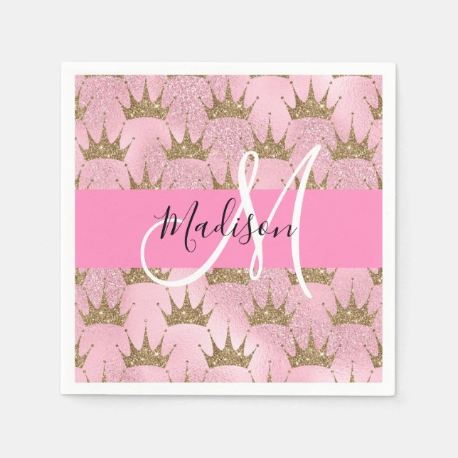 Glam Pink & Gold Glitter Sparkles Crowns Monogram Napkin (Front)
