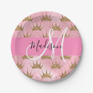 Glam Pink & Gold Glitter Sparkles Crowns Monogram Paper Plate