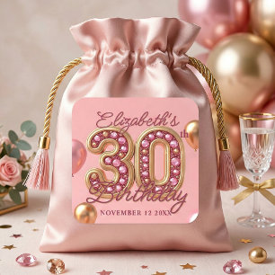 Glam Pink Gold Jewelled Balloon 30th Birthday Square Sticker