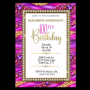 Glam Pink Gold Jewelled Strata 100th Birthday Invitation