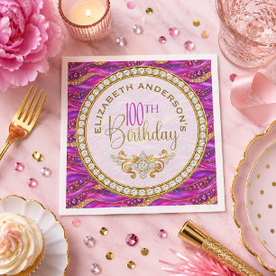 Glam Pink Gold Jewelled Strata 100th Birthday Napkin