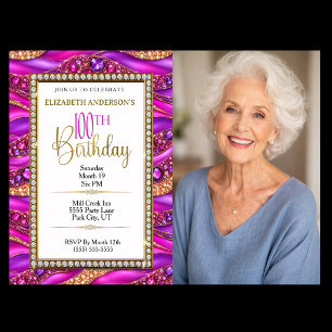 Glam Pink Gold Jewelled Strata 100th Birthday Phot Invitation